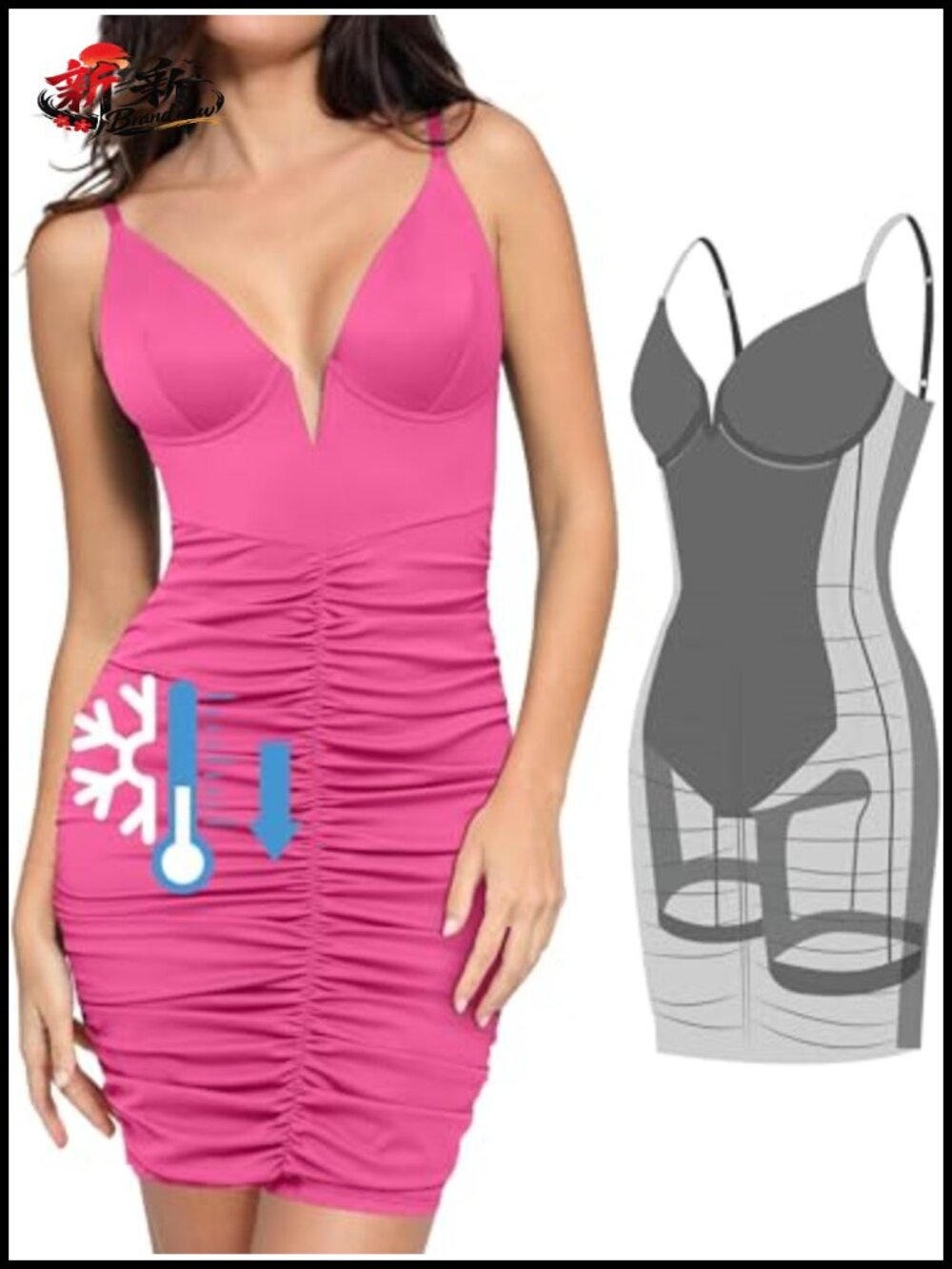Women's Corset Midi Dress with Built-in Bra Shapewear Ruched Deep V Adjustable